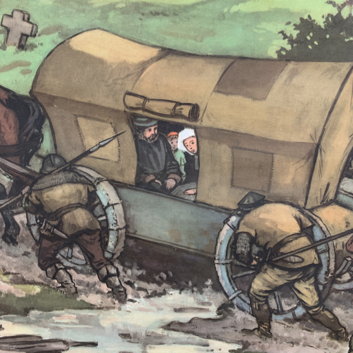 Vintage Schaubild / Schultafel Landstraße im Mittelalter
